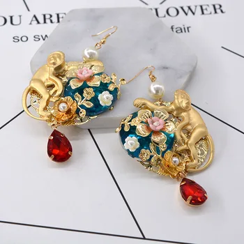 Zlato Barokový Náušnice Visieť Kvet Opice Kórejský Náušnice Pre Ženy Oorbellen Brincos Pendientes Aretes Bijoux Eardrop Šperky