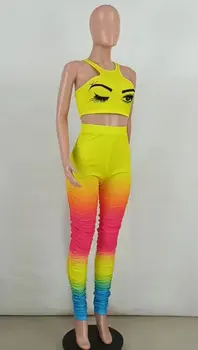 Bez rukávov Dva Kusy Ženy Lete Nastaviť Sexy Turtleneck Plodín Top + Rainbow Dlho Skladaný Nohavice Módne Bežné Ženy Oblečenie S-3XL