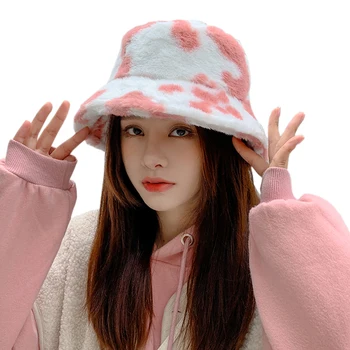 2020 Nové Módne Kórejský Ružová Krava Tlač Vedierko Hat Umelú Kožušinu Zimné Čiapky Pre Ženy Teplé Oblečenie Pre Rybárov Čiapky