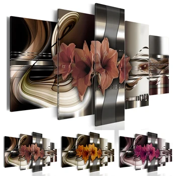 5 Panely, Kovové Kvety Maľovanie Fialový Kvet Olej Obrázky Obývacia Izba Dekorácie, Obrazy Plátno Na Stenu Umenie(Bez Rámu)