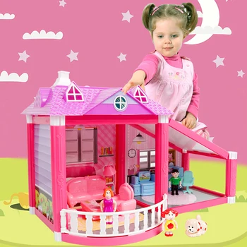 Dieťa Ručné Rodinný domček pre bábiky Predstierať, že Hrať Princess Hrad DIY Zostaviť Villa Doll House S Miniatúrne Furnitures Hračky, Darčeky