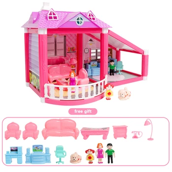 Dieťa Ručné Rodinný domček pre bábiky Predstierať, že Hrať Princess Hrad DIY Zostaviť Villa Doll House S Miniatúrne Furnitures Hračky, Darčeky