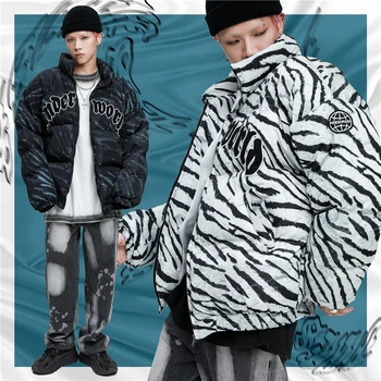 2020 zimné pánske bundy kabáty Hip Hop Zips Hrubé Bundy Muži Móda Bežné zebra tlač Vyšívané písmená streetwear topy