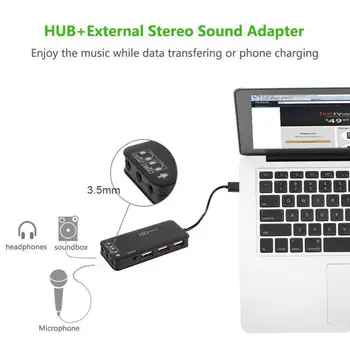 Multi-Funkčný USB HUB + Enternal Stereo Zvuková Karta Adaptéra s 3 Porty USB 2.0 2 Micphone Jack 3,5 mm Slúchadlá Audio AUX