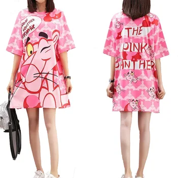 QING MO 2020 Panther T Shirt Šaty Letné Cartoon Tee Tričko Ženy Bežné Šaty Plus Veľkosť Bavlna Krátky Rukáv Šaty Femme QF618
