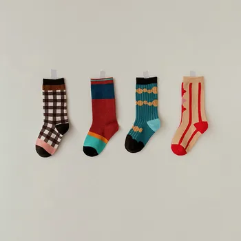4 Páry/lot 1 do 8 Rokov Deti Mäkké Bavlnené Ponožky Jar Jeseň Dieťa, Chlapec, Dievča Roztomilý Kreslený Prúžok Plaid Fashion Školy Ponožky