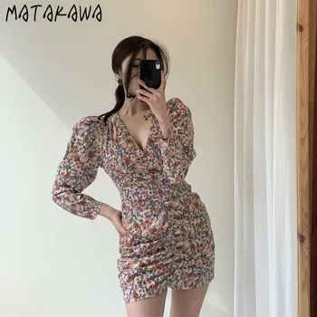 MATAKAWA Slim Kvetinový tvaru Lístkového Rukáv Šifón Krátke Šaty kórejský Elegantné Temperament Elegantná Žena Šaty