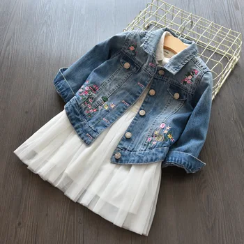 Nové dievča kabát kórejský výšivky, kvetinové klope denim kabát deti nosia, baby girl zimná bunda