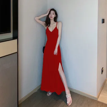 Elegantný Pás V-krku Šatka Dlho Otvorených Späť Šaty Žien kórejský Sexy Módne Letné Oblečenie pre voľný čas kobieta sukienka
