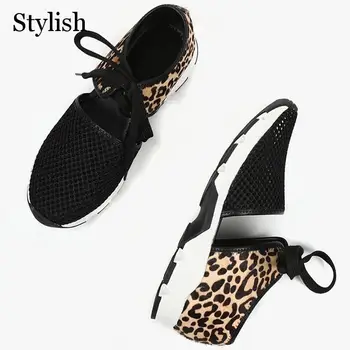 Bežné Sandále Dámske Topánky Leopard Bytov Módne Oka Patchwork Tenisky Vystrihnúť Krajky-Up Plus Veľkosť Black Beží Sandále Chôdzu