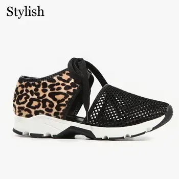 Bežné Sandále Dámske Topánky Leopard Bytov Módne Oka Patchwork Tenisky Vystrihnúť Krajky-Up Plus Veľkosť Black Beží Sandále Chôdzu