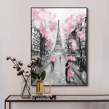 Ružová Romantické Mesto Pár Parížskej Eiffelovej Veže Krajiny olejomaľba na Plátne, Plagát, Tlač Stenu Obrázok pre Obývacia Izba Cuadros