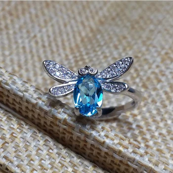 [MeiBaPJ]925 Sterling Silver Dragonfly Krúžok Vykladané S Prírodnými London Blue Topaz Kameň Otvorené Krúžok pre Ženy