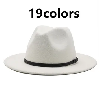 Zimné čiapky ženy, pevný pás klasické jednoduché muži ženy zimné čiapky široký okraj vintage čierna biele svadobné fedora nové plstené klobúky