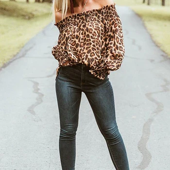 Sexy Štýl Ženy Leopard Košele Off Ramenný Tlač Voľné Topy, Pulóvre Elegantné Dámske Blúzky, Štýlový Femme Blusa Tričko Oblečenie