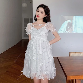 Princezná šaty čipky motýľ šaty oka gázy bublina rukáv biele šaty francúzsky vintage šaty