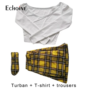 Echoine Ženy Jeseň Retro bežné Sportwear Turban+T-shirt+mreža nohavice sedacia súprava Party Oblečenie Aktívne Sweatsuit Sady