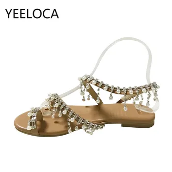 YEELOCA Lete Výbuchy Plus Veľkosť 35-43 Roman Pearl Sandále Ručné Korálkové Ploché Sandále Ženy