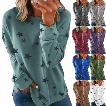 Plus veľkosť Ženy Jeseň Zima Bežné Topy Kolo Krku T-shirt Long Sleeve Vytlačené Košele Dámske Pure Color Voľné Košele