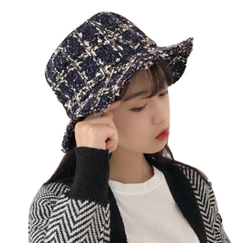 Ženské tweed vedierko hat jeseň a v zime rybár klobúk ulici Retro povodí spp plaid fashion klobúk žena kórejský štýl klobúk