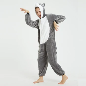 Sivá Roztomilý Zvierat Cartoon Husky Jedno-kus s Kapucňou Pyžamo Dospelých Unisex Cosplay Onesies Ženy Sleepwear Vianoce, Halloween Kostým