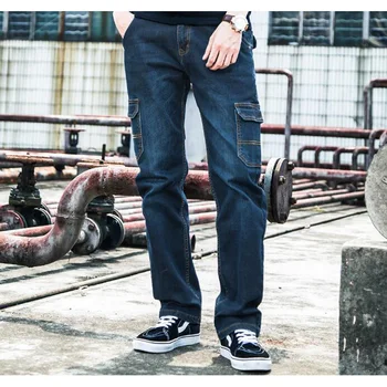 Nový multi-vrecko rovné džínsy pánske dlhé džínsy vonkajšie bežné trakmi mužov Cargo Nohavice Plus veľkosť 28-46 48