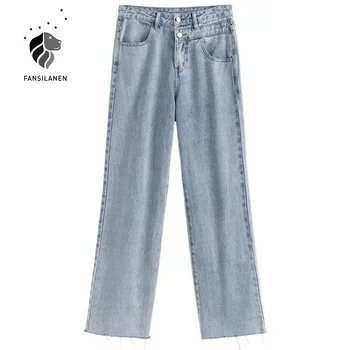FANSILANEN Fringe modrá vysoký pás džínsy, nohavice Ženy bežné streetwear širokú nohu denim džínsy Žena jeseň zima vintage nohavice
