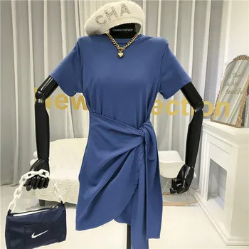 Bavlnená Zmes Bežné Plášť Ceruzka Šaty Nad Kolená, Mini-O-Krku Krátky Rukáv 2020 Letné Šaty, Coton Femme šedá, modrá