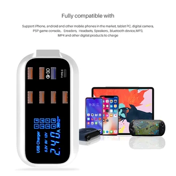 8 Portov QC3.0 Typu C, USB Pre xiao huawei samsung Nabíjačka Pre iPhone Android, Adaptér Telefónu, Tabletu, Digitálneho Displeja Rýchlo Nabíjačka,