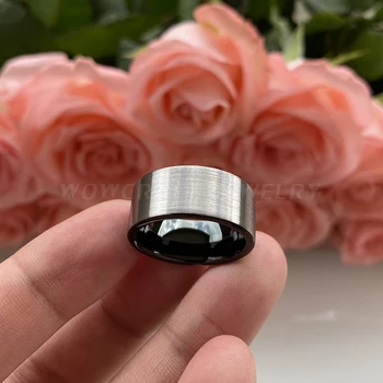10 mm Volfrámu Snubné prstene Zásnubné Mens Black Ring Plochý Tvar Kartáčovaný Povrch Comfort Fit Black Prst Prsteň Vlastné Ryté