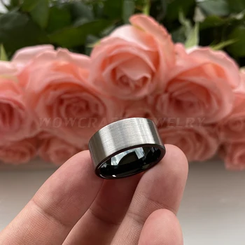 10 mm Volfrámu Snubné prstene Zásnubné Mens Black Ring Plochý Tvar Kartáčovaný Povrch Comfort Fit Black Prst Prsteň Vlastné Ryté