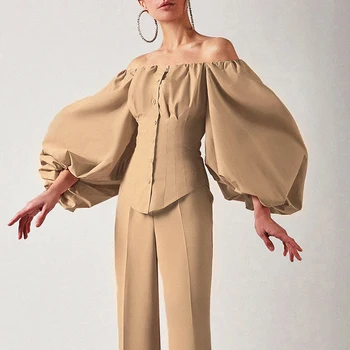 GALCAUR Slim dámske Košele Lomka Krku Svietidla Rukáv Mimo Ramenný Tunika Letná Blúzka Žena 2020 Minimalistický Módne Oblečenie