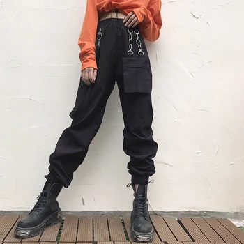 IAMHOTTY Streetwear Kovový Krúžok Páse s nástrojmi Cargo Nohavice Vrecku Punk Gothic Nohavice Vysoký Pás Joggers Ženy, Čierne Tepláky Ženy 20
