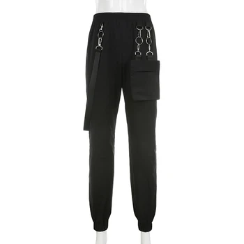 IAMHOTTY Streetwear Kovový Krúžok Páse s nástrojmi Cargo Nohavice Vrecku Punk Gothic Nohavice Vysoký Pás Joggers Ženy, Čierne Tepláky Ženy 20