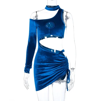 Royal Blue Velvet Ženy Dlhý Rukáv Mini Šaty Jedno Rameno Duté Z Čipky Sexy Šnúrkou Ruched Strany Klubu 2021 Vestidos