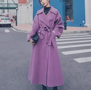 Jeseň zima plášť vlnené dlhá srsť hrubé voľné belted purple vintage teplý kabát