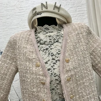 2020 Nové Jeseň Zima Vintage Koberčeky Tweed Bunda, Kabát S Tlačidlami V Krku Plodín Top Dlhý Rukáv Vlnené Kabát Ženy Kórejský Outwear