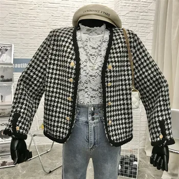 2020 Nové Jeseň Zima Vintage Koberčeky Tweed Bunda, Kabát S Tlačidlami V Krku Plodín Top Dlhý Rukáv Vlnené Kabát Ženy Kórejský Outwear