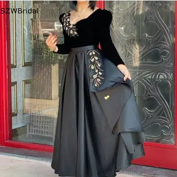 Nový Príchod Satén V Krku Dlhý rukáv večerné šaty 2021 Black Velvet Dubaj Kaftan večerné šaty Formelle rúcha Avondjurken