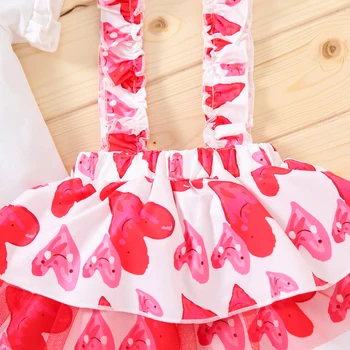 Valentína 3 Kus Oblečenia Suit Baby Girl Dress Nastaviť Srdca Tlače Krátky Rukáv T-shirt Podväzkové Sukne a hlavový most 6m-3y