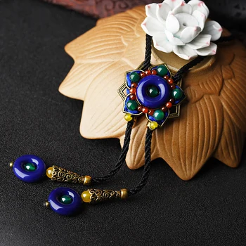 Trendy sveter etnických náhrdelník pre ženy s dlhými reťazcami, bule červený kameň a bronz lotosový kvet prívesok módne šperky nový príchod