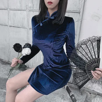 Čínske Tradičné Šaty pre Ženy Festival Oblečenie Gotický Sexy Mini Cheongsams Party Fashion Solid Farba Satén Velvet Qipao