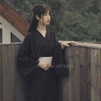 Samuraj Oblečenie Tradičných Japonských Žien, Čierne Kimono Šaty Spa Sauna Župan Yuakata s Pásom Voľné Plus Veľkosť Šaty