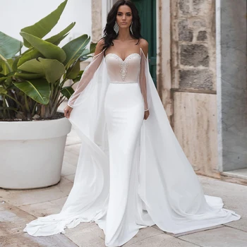 2021 Nové Mermai Svadobné Šaty Ilúzie O Krk Off Ramenný Backless Odnímateľnou Šatkou Lištovanie Appliqued Crystal Svadobné Šaty