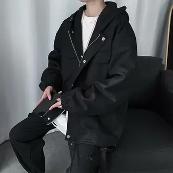 Jar Čierna Bunda s Kapucňou pánskej Módy Retro Bežné Bundy Pánske Streetwear kórejský Voľné Hip-hop Bombardér Bunda Muži M-2XL