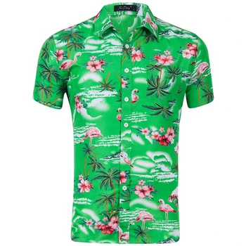 Flamingo Tlač Havajské Košele Mužov 2019 Leto Značky Krátky Rukáv Pánske Plážové Košele Košieľka Homme Bežné Slim Pánske Šaty Tričko