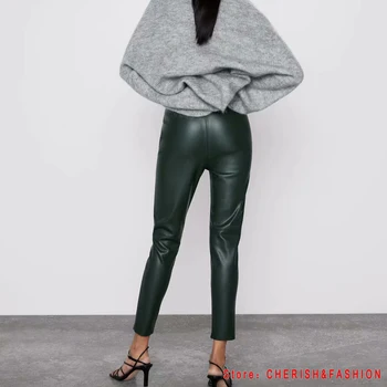 ženy tmavo zelená faux kožené oblek nohavice vysoký pás nohavice krídla vrecká 2020 office dámy pu kožené nohavice Elegantné Vrecku