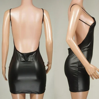 2021 Sexy Faux Kožené Šaty Backless Klubu Strany Krátke Šaty Solid Black Mokrý Vzhľad Latex Bodycon Push Up Podprsenka Mini Micro Šaty