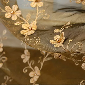 Káva Luxusné Nechty pearl vyšívané okenné záclony na obývacia izba tylu Európskej plastický kvetinový béžová záclony wp362#5