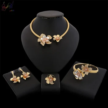 Yulaili Luxusné Kvety Boom Ženy Zapojenie Cubic Zirconia Choker Náhrdelníky Náušnice Dubaj Zlaté Šperky Sady Šperkov Závislosť